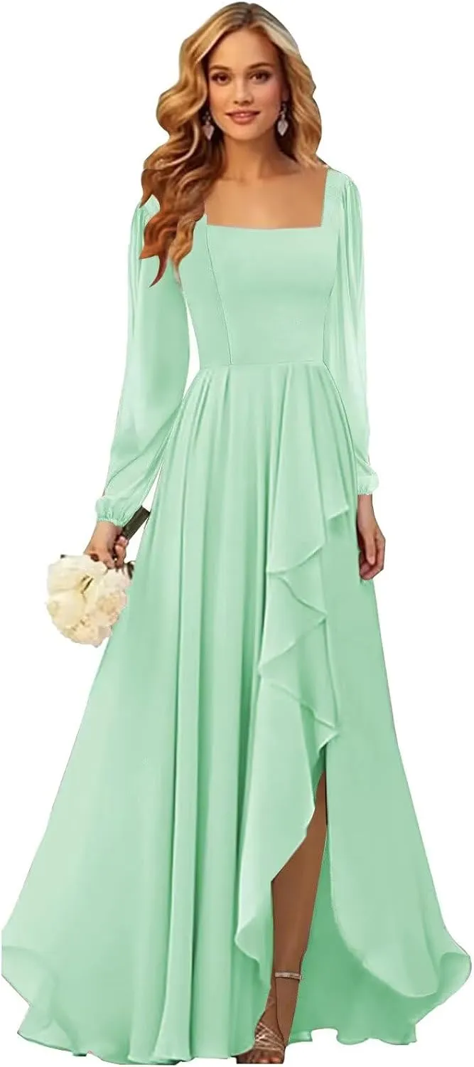 Long Sleeve Bridesmaid Dresses for Women Square Neck Chiffon Ruffle Formal Evening Dress