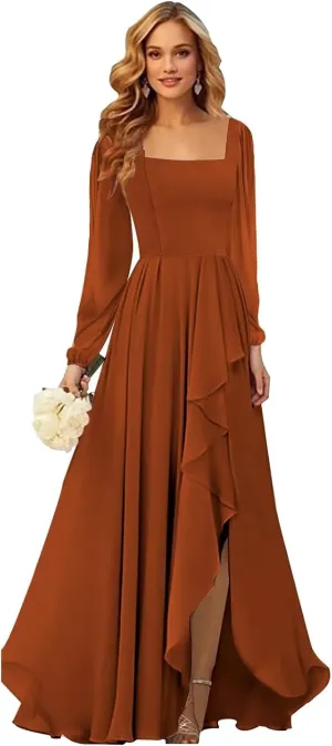 Long Sleeve Bridesmaid Dresses for Women Square Neck Chiffon Ruffle Formal Evening Dress