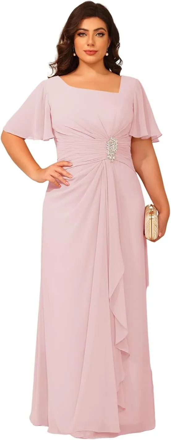 Loyeloy Women's Chiffon Mother of The Bride Dresses with Pockets 2025 Ruffled Aline Maxi Formal Evening Gowns