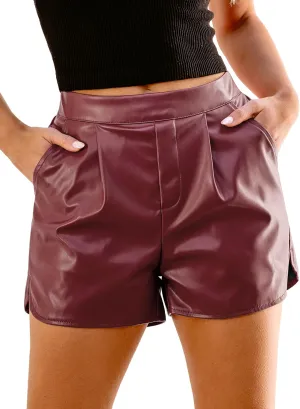 luvamia Faux Leather Shorts for Women High Wasited Pull On Pleated Side Slit Pleather Shorts with Elastic Waist Pockets