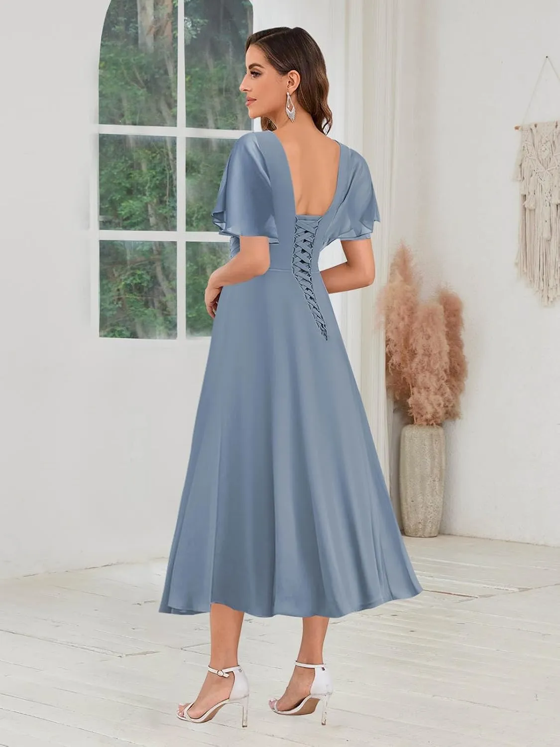 MAGGCIF Chiffon Mother of The Bride Dresses for Women with Sleeves Sparkly Beads A Line Formal Wedding Guest Dress