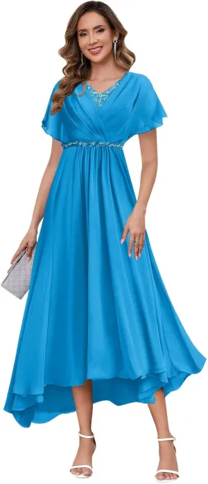 MAGGCIF Chiffon Mother of The Bride Dresses for Women with Sleeves Sparkly Beads A Line Formal Wedding Guest Dress