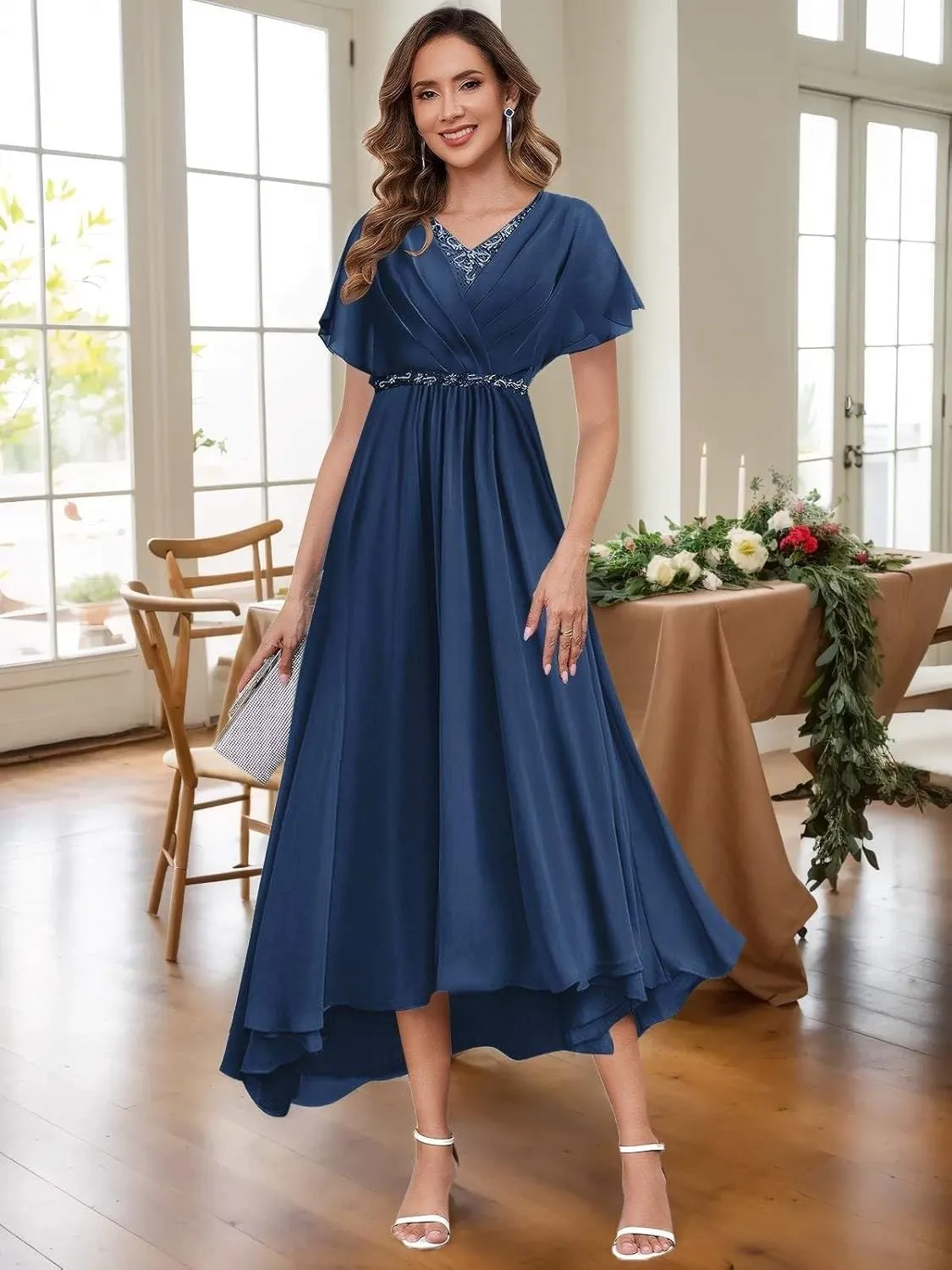 MAGGCIF Chiffon Mother of The Bride Dresses for Women with Sleeves Sparkly Beads A Line Formal Wedding Guest Dress