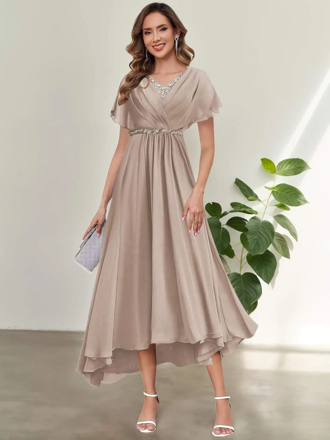 MAGGCIF Chiffon Mother of The Bride Dresses for Women with Sleeves Sparkly Beads A Line Formal Wedding Guest Dress