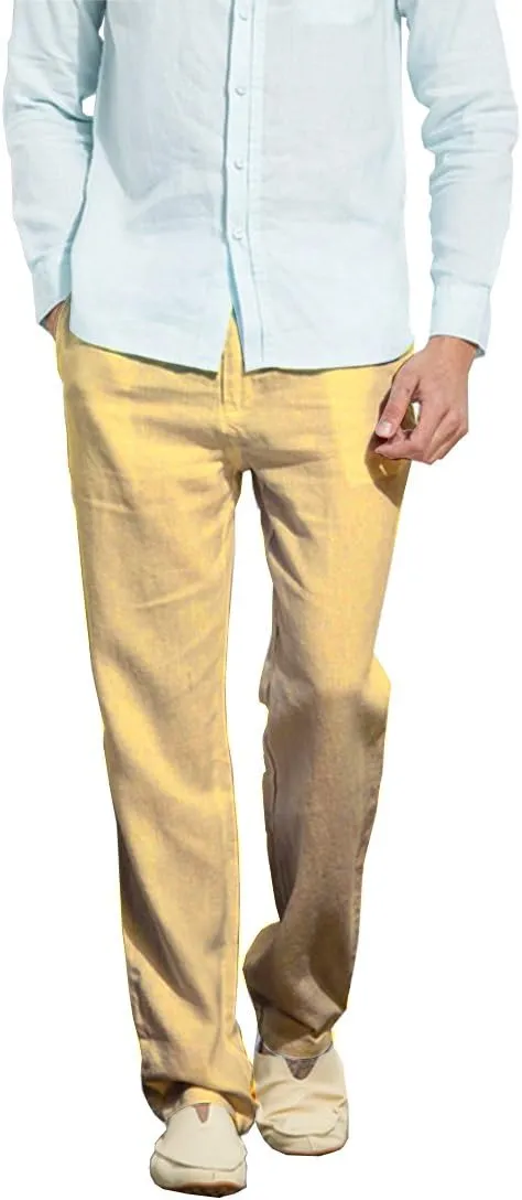 Manwan walk Mens Casual Beach Trousers Elastic Loose Fit Lightweight Linen Summer Pants K70