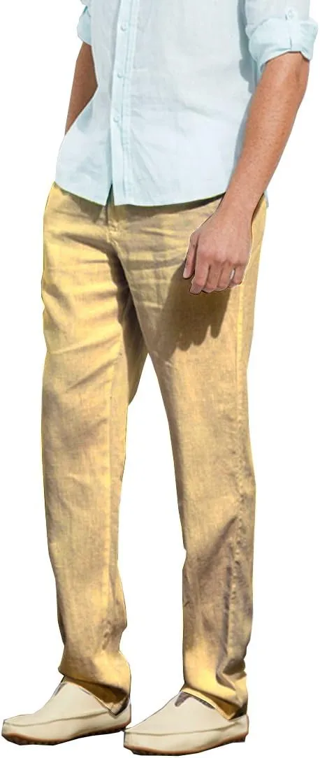 Manwan walk Mens Casual Beach Trousers Elastic Loose Fit Lightweight Linen Summer Pants K70