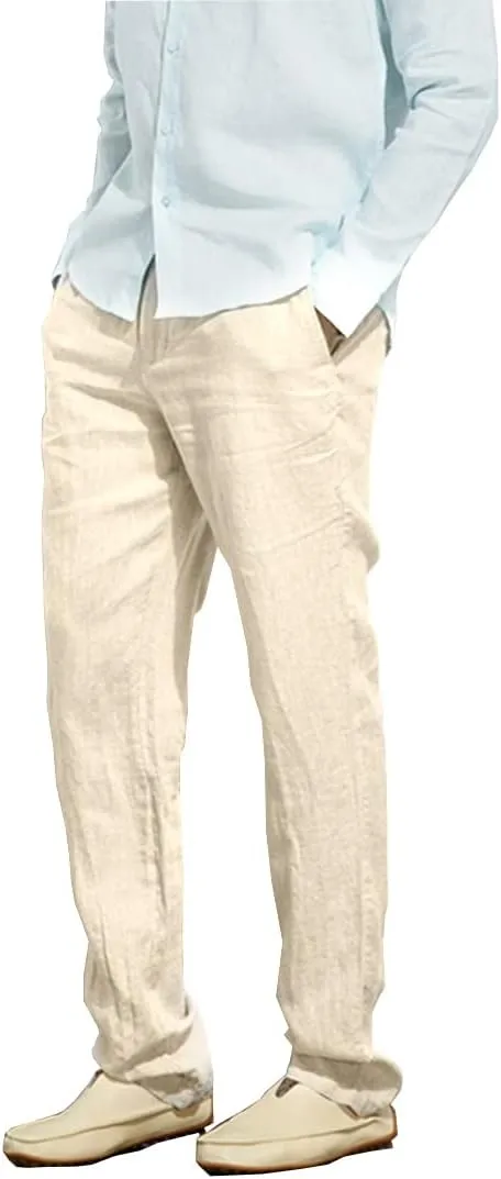 Manwan walk Mens Casual Beach Trousers Elastic Loose Fit Lightweight Linen Summer Pants K70