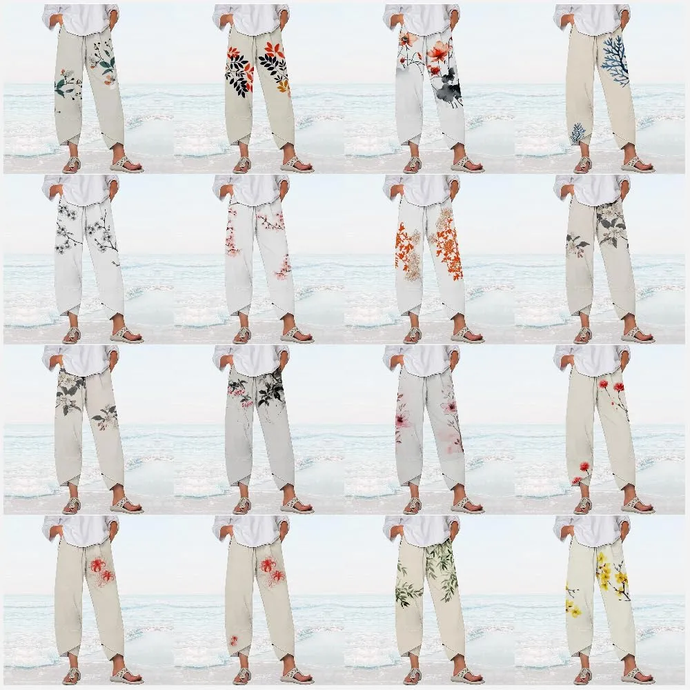 MARSVOVO Plus Size Capri Pants for Women 2024 Summer Beach Cotton Linen Wide Leg High Waist Baggy Trousers with Pockets