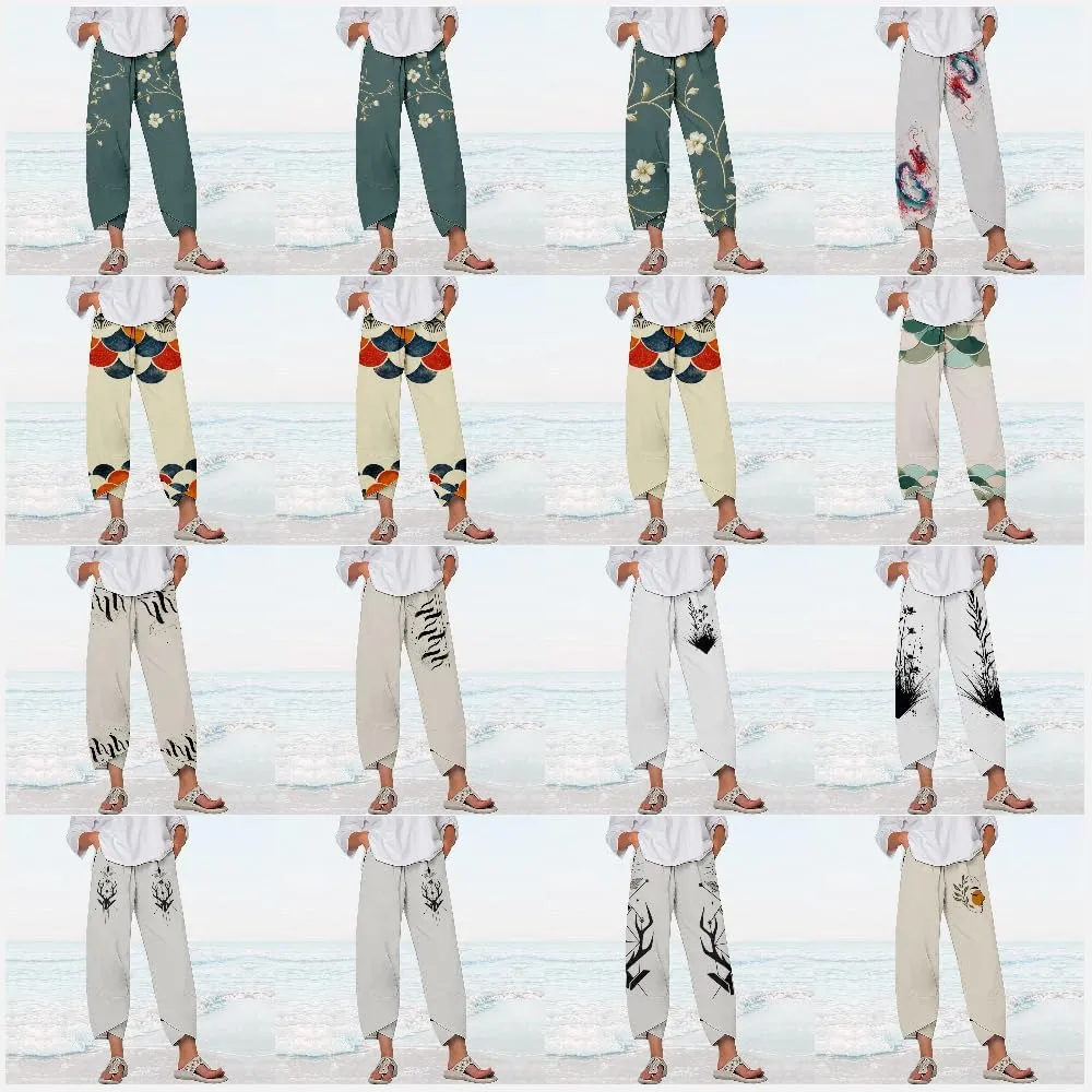 MARSVOVO Plus Size Capri Pants for Women 2024 Summer Beach Cotton Linen Wide Leg High Waist Baggy Trousers with Pockets