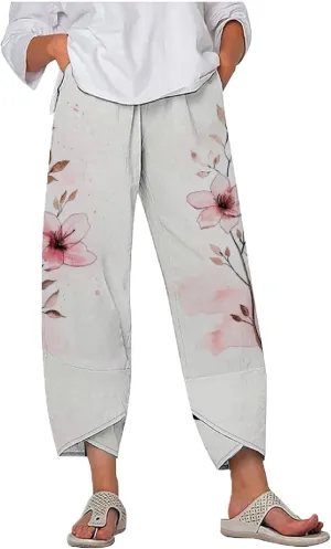 MARSVOVO Plus Size Capri Pants for Women 2024 Summer Beach Cotton Linen Wide Leg High Waist Baggy Trousers with Pockets