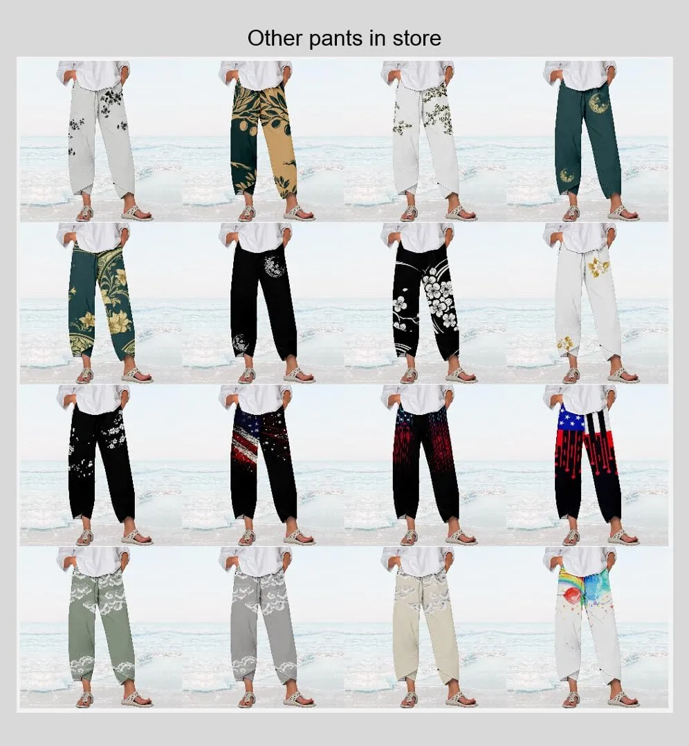 MARSVOVO Plus Size Capri Pants for Women 2024 Summer Beach Cotton Linen Wide Leg High Waist Baggy Trousers with Pockets