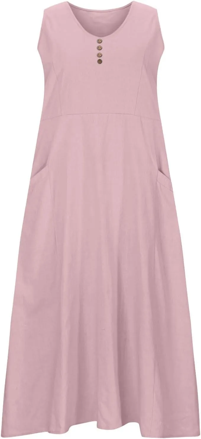 Maxi Dresses for Women 2025 Casual Loose Linen Dress Long Flowy V Neck Sleeveless Summer Dress Beach Sundresses