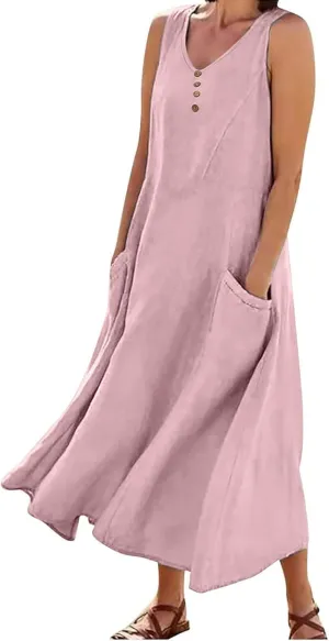Maxi Dresses for Women 2025 Casual Loose Linen Dress Long Flowy V Neck Sleeveless Summer Dress Beach Sundresses