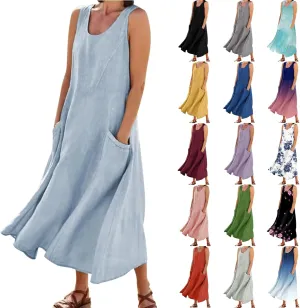 Maxi Dresses for Women 2025 Summer Cotton Linen Sleeveless Flowy Sundresses Plus Size Loose Elegant Tank Dress with Pockets