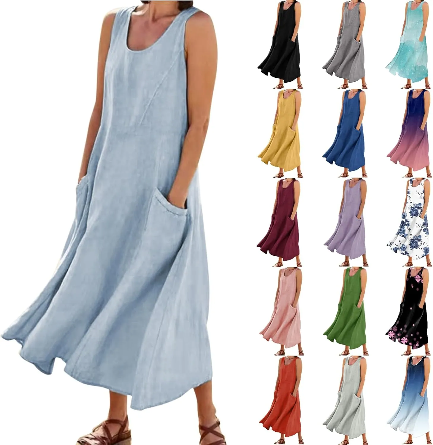 Maxi Dresses for Women 2025 Summer Cotton Linen Sleeveless Flowy Sundresses Plus Size Loose Elegant Tank Dress with Pockets