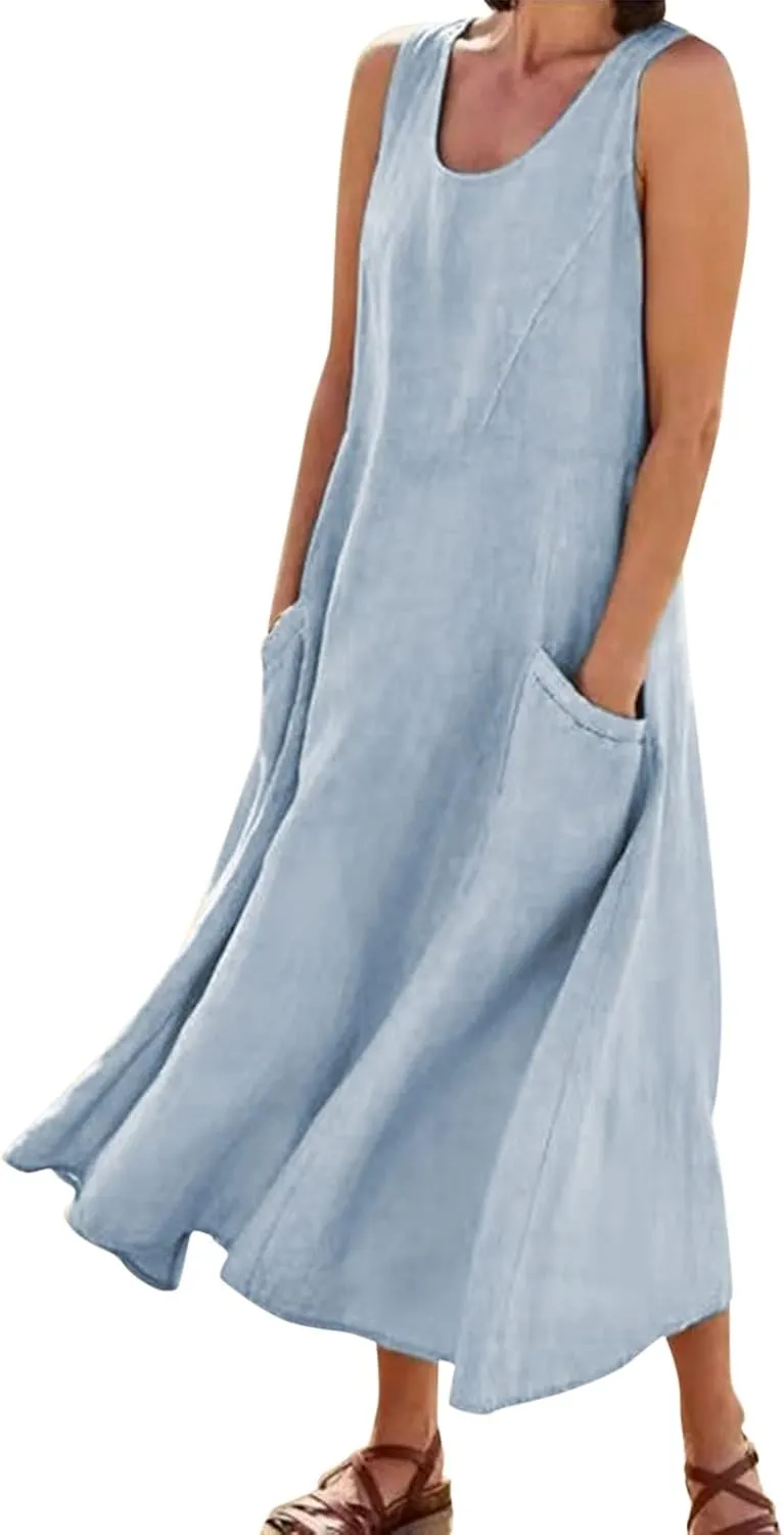 Maxi Dresses for Women 2025 Summer Cotton Linen Sleeveless Flowy Sundresses Plus Size Loose Elegant Tank Dress with Pockets