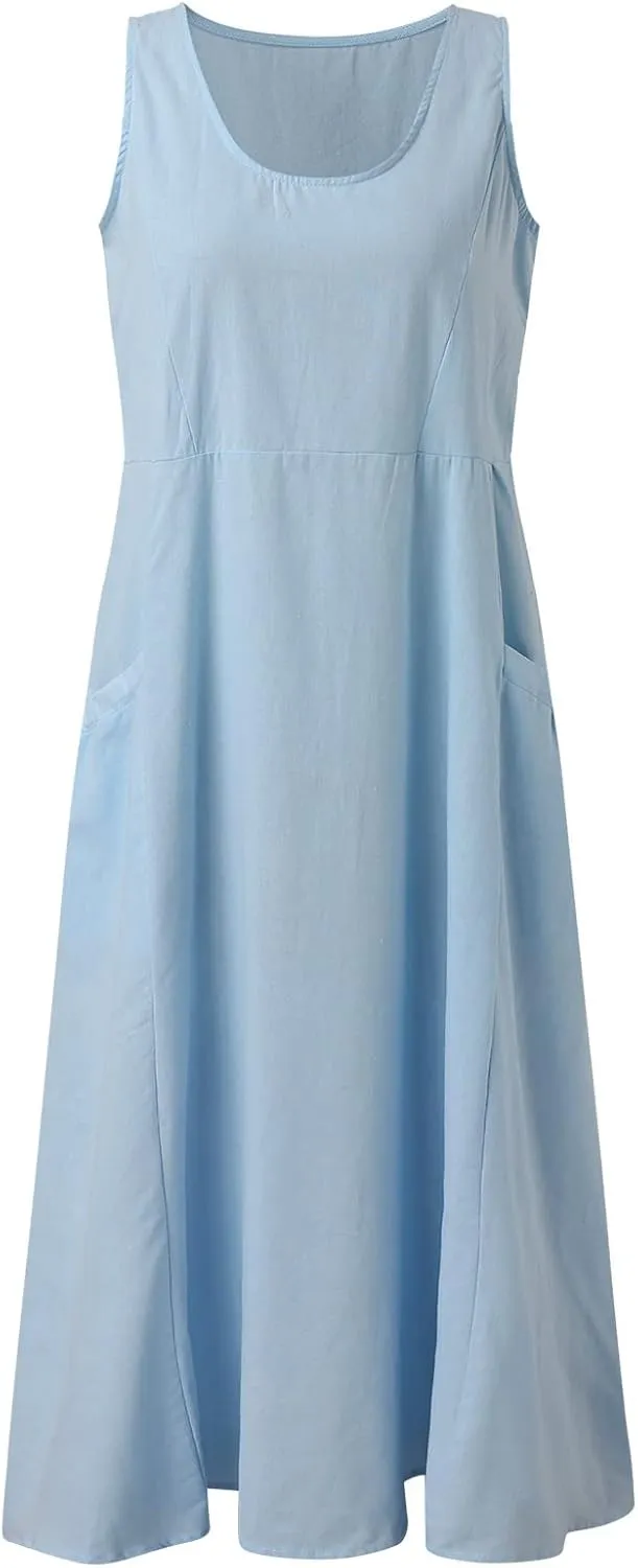 Maxi Dresses for Women 2025 Summer Cotton Linen Sleeveless Flowy Sundresses Plus Size Loose Elegant Tank Dress with Pockets