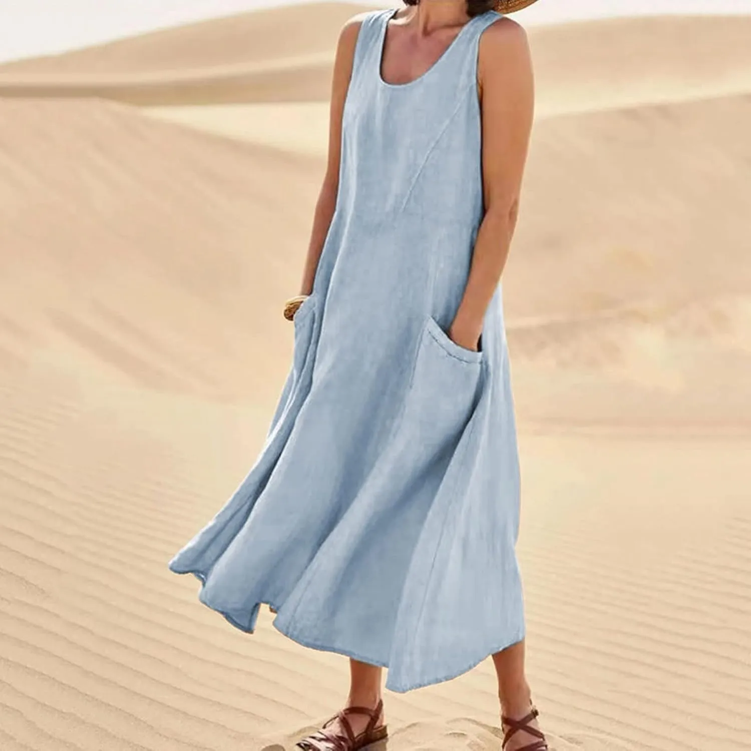 Maxi Dresses for Women 2025 Summer Cotton Linen Sleeveless Flowy Sundresses Plus Size Loose Elegant Tank Dress with Pockets