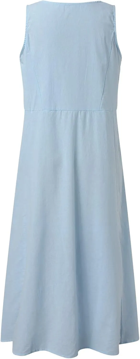 Maxi Dresses for Women 2025 Summer Cotton Linen Sleeveless Flowy Sundresses Plus Size Loose Elegant Tank Dress with Pockets