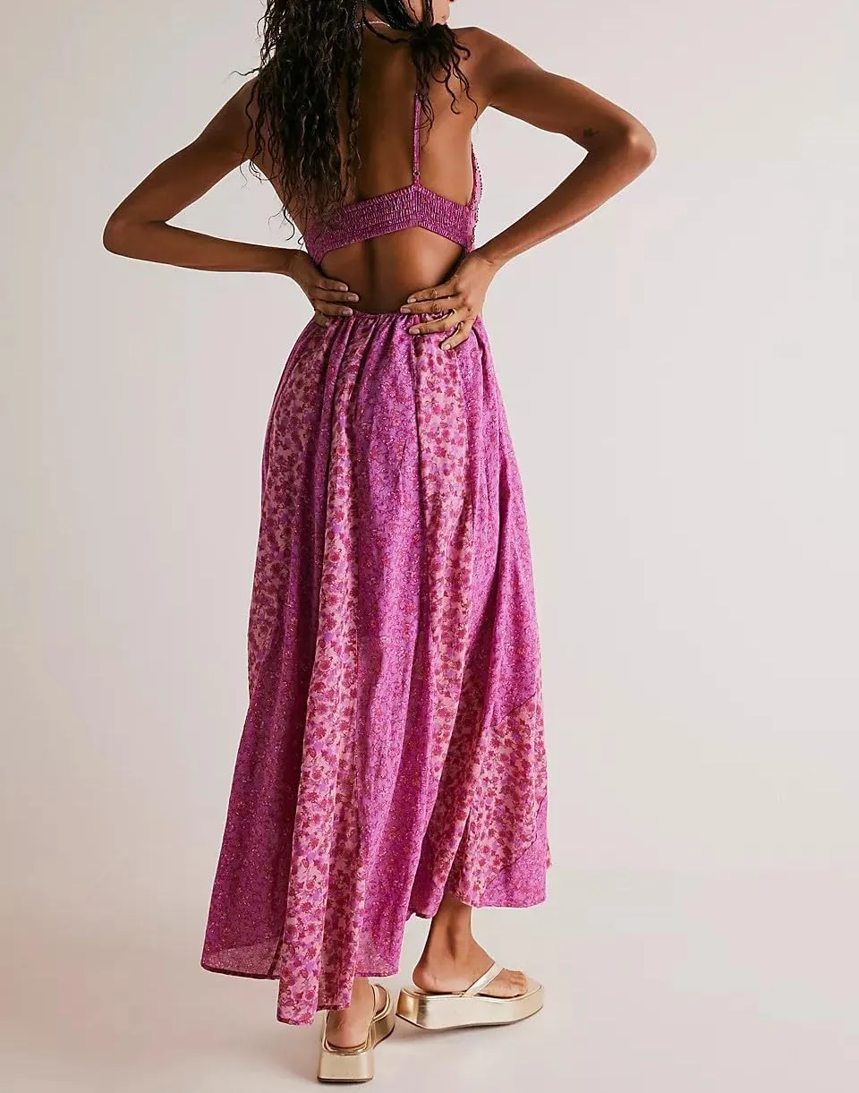 Melliflo Sexy V Neck Maxi Dress for Women Spaghetti Strap Backless Boho Long Floral Dress Summer Ruffle Flowy Sundress