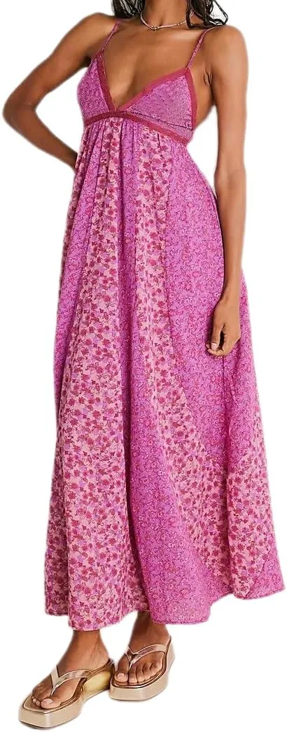 Melliflo Sexy V Neck Maxi Dress for Women Spaghetti Strap Backless Boho Long Floral Dress Summer Ruffle Flowy Sundress