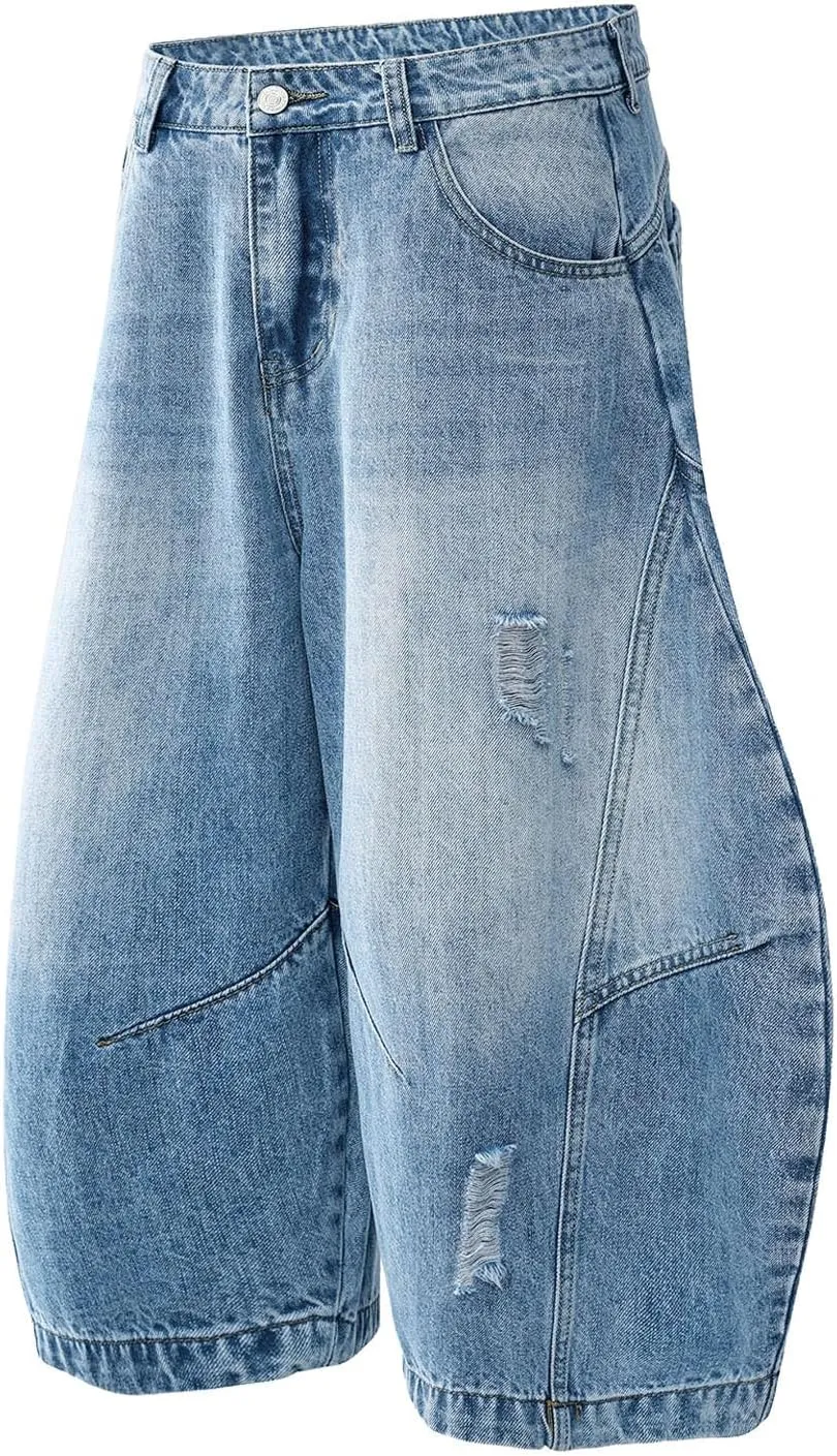 Men's Baggy Denim Jorts Y2K Grunge Loose Hip Hop Jean Shorts Summer Casual Mid Jeans Streetwear with Pockets