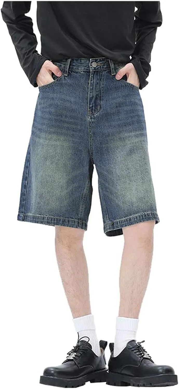 Men's Baggy Denim Jorts Y2K Grunge Loose Hip Hop Jean Shorts Summer Casual Mid Jeans Streetwear with Pockets