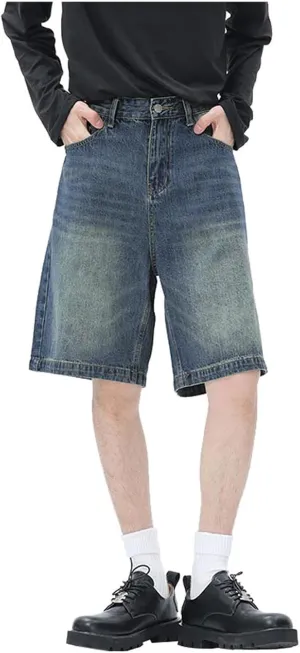 Men's Baggy Denim Jorts Y2K Grunge Loose Hip Hop Jean Shorts Summer Casual Mid Jeans Streetwear with Pockets