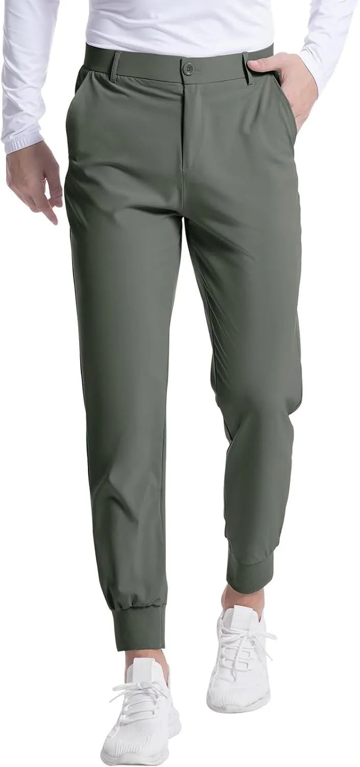 Mens Business Pants Elastic Waist Casual Lightweight Stretch Slim Fit Pants Outdoor Golf Walking Trousers with Pockets