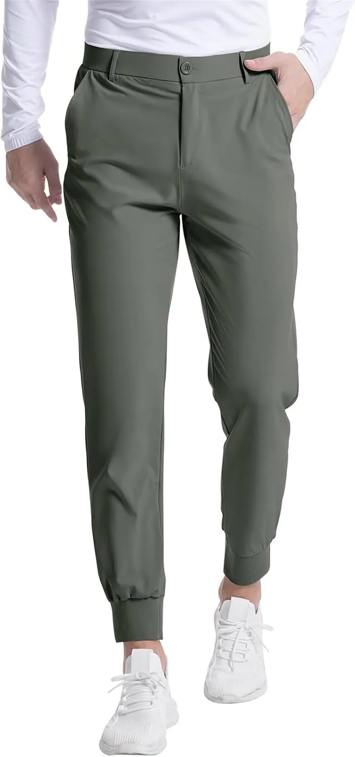 Mens Business Pants Elastic Waist Casual Lightweight Stretch Slim Fit Pants Outdoor Golf Walking Trousers with Pockets