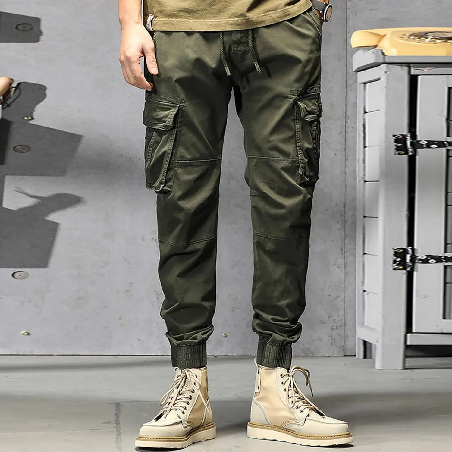 Mens Cargo Hiking Pants Casual Work Cotton Tapered Trousers Multi-Pocket Elastic Waist Baggy Overall Harem Track Pants