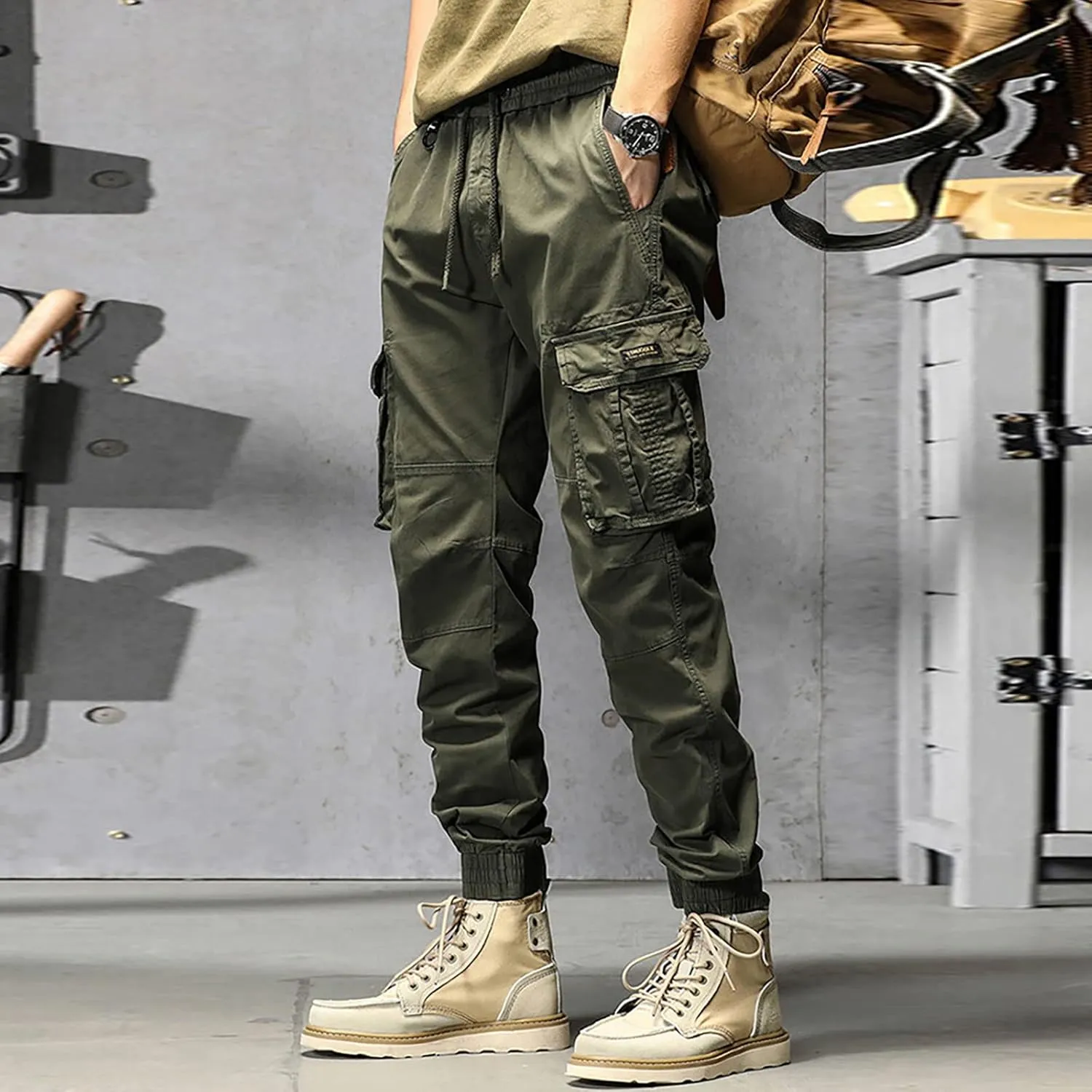 Mens Cargo Hiking Pants Casual Work Cotton Tapered Trousers Multi-Pocket Elastic Waist Baggy Overall Harem Track Pants