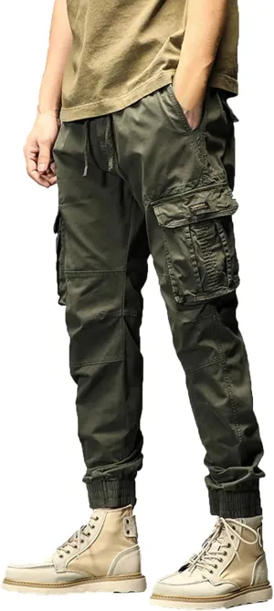 Mens Cargo Hiking Pants Casual Work Cotton Tapered Trousers Multi-Pocket Elastic Waist Baggy Overall Harem Track Pants