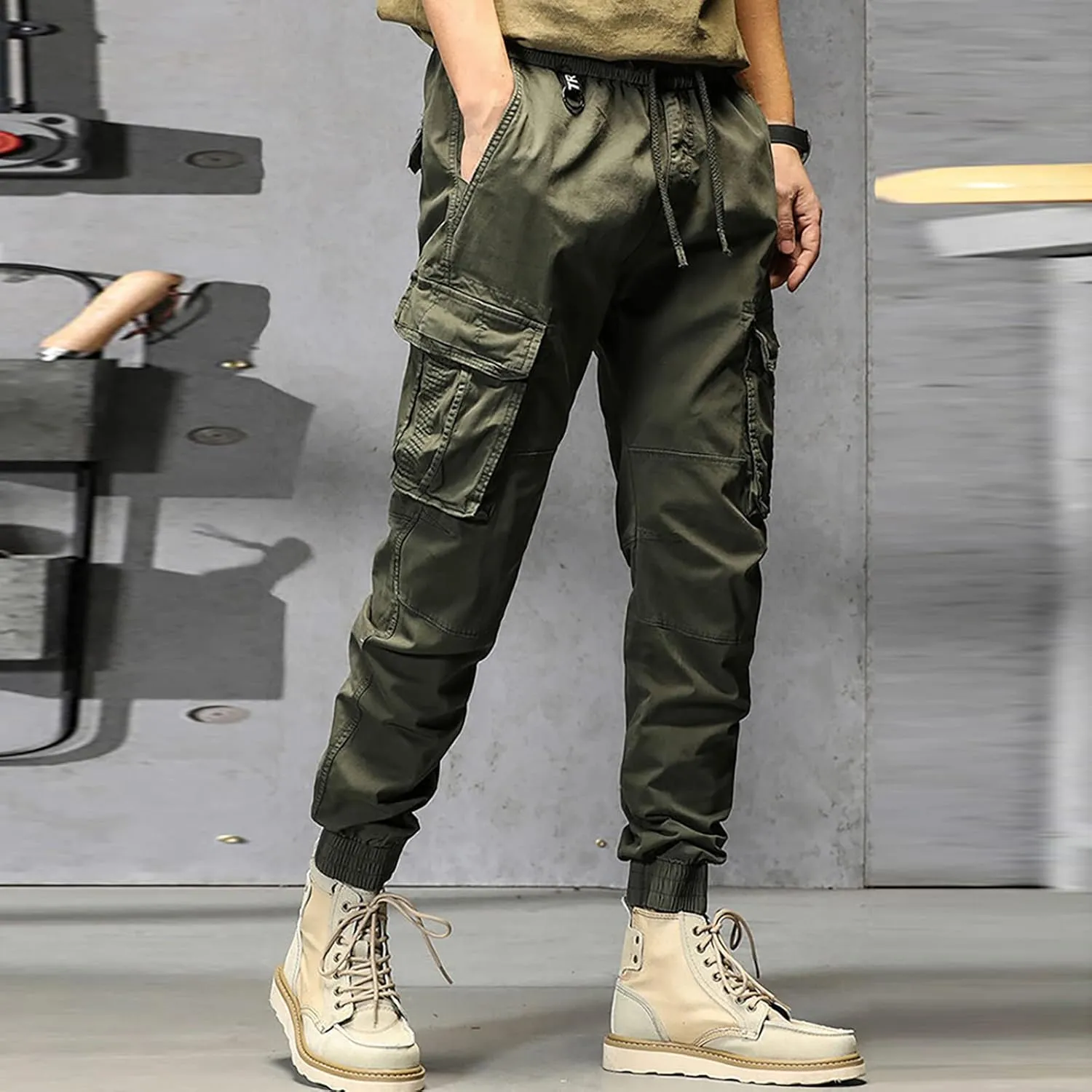 Mens Cargo Hiking Pants Casual Work Cotton Tapered Trousers Multi-Pocket Elastic Waist Baggy Overall Harem Track Pants