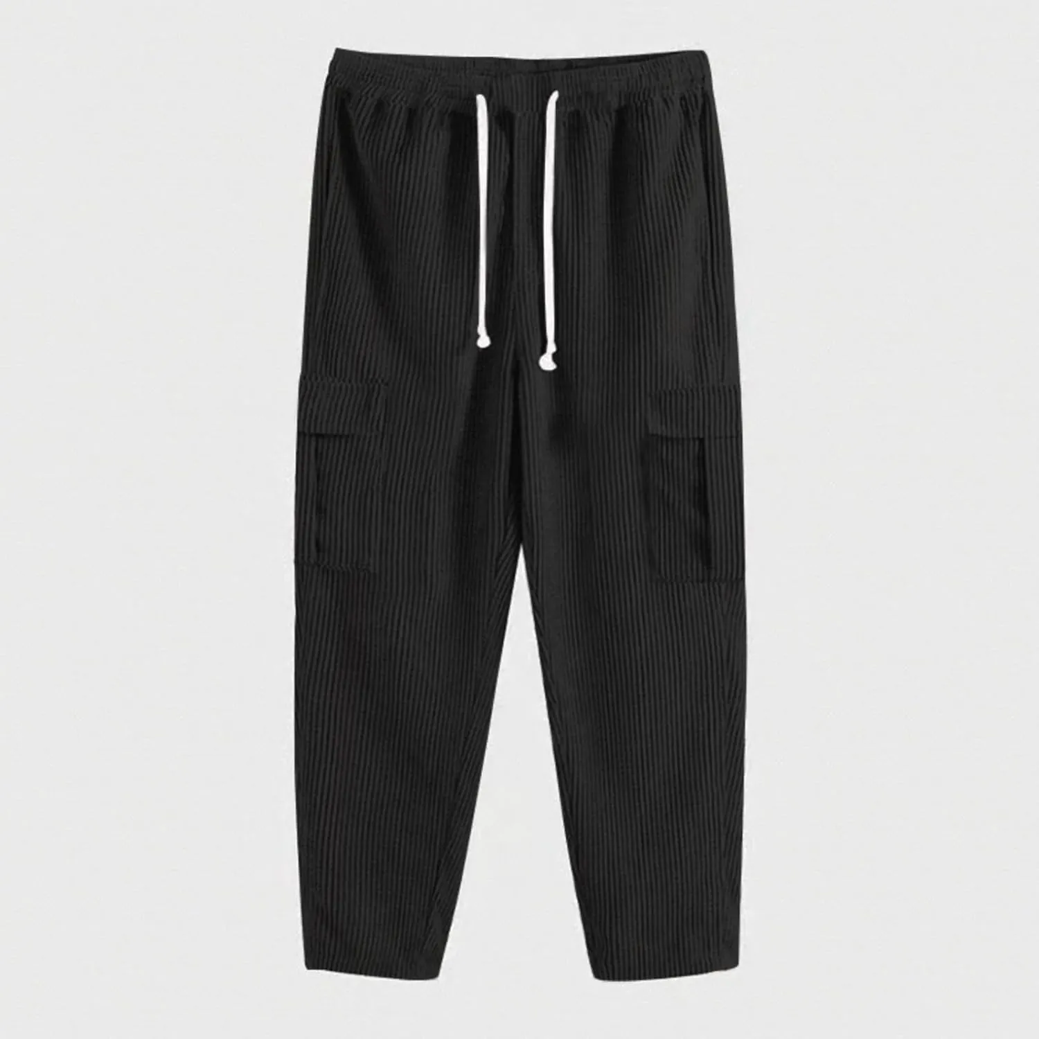 Mens Cargo Pants Straight Corduroy Drawstring Casual Trendy Lightweight Pants Training Joggers Trousers with Pockets