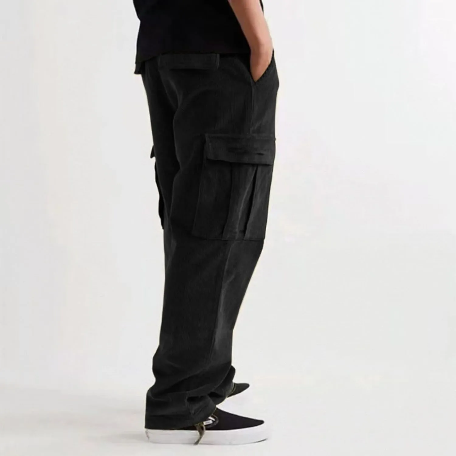 Mens Cargo Pants Straight Corduroy Drawstring Casual Trendy Lightweight Pants Training Joggers Trousers with Pockets