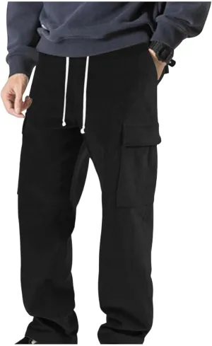 Mens Cargo Pants Straight Corduroy Drawstring Casual Trendy Lightweight Pants Training Joggers Trousers with Pockets