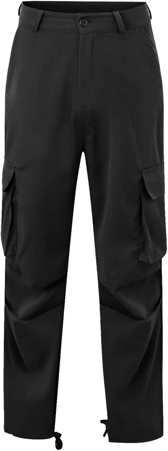 Mens Casual Cargo Pants Thin Lightweight Sweatpants Pleated Drawstring Pant Slim Fit Joggers Trousers Multi Pockets