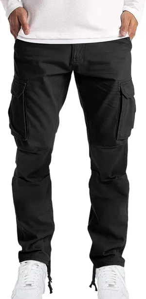 Mens Casual Cargo Pants Thin Lightweight Sweatpants Pleated Drawstring Pant Slim Fit Joggers Trousers Multi Pockets