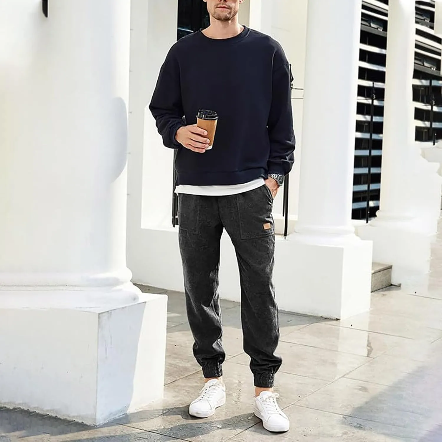 Men's Casual Corduroy Sweatpants Loose Fit Drawstring Elastic Waist Jogger Pants Baggy Sport Cargo Pants with Pockets