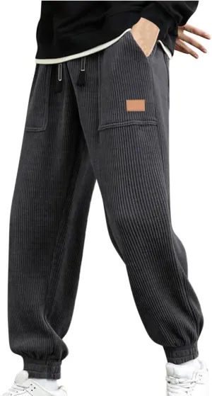 Men's Casual Corduroy Sweatpants Loose Fit Drawstring Elastic Waist Jogger Pants Baggy Sport Cargo Pants with Pockets