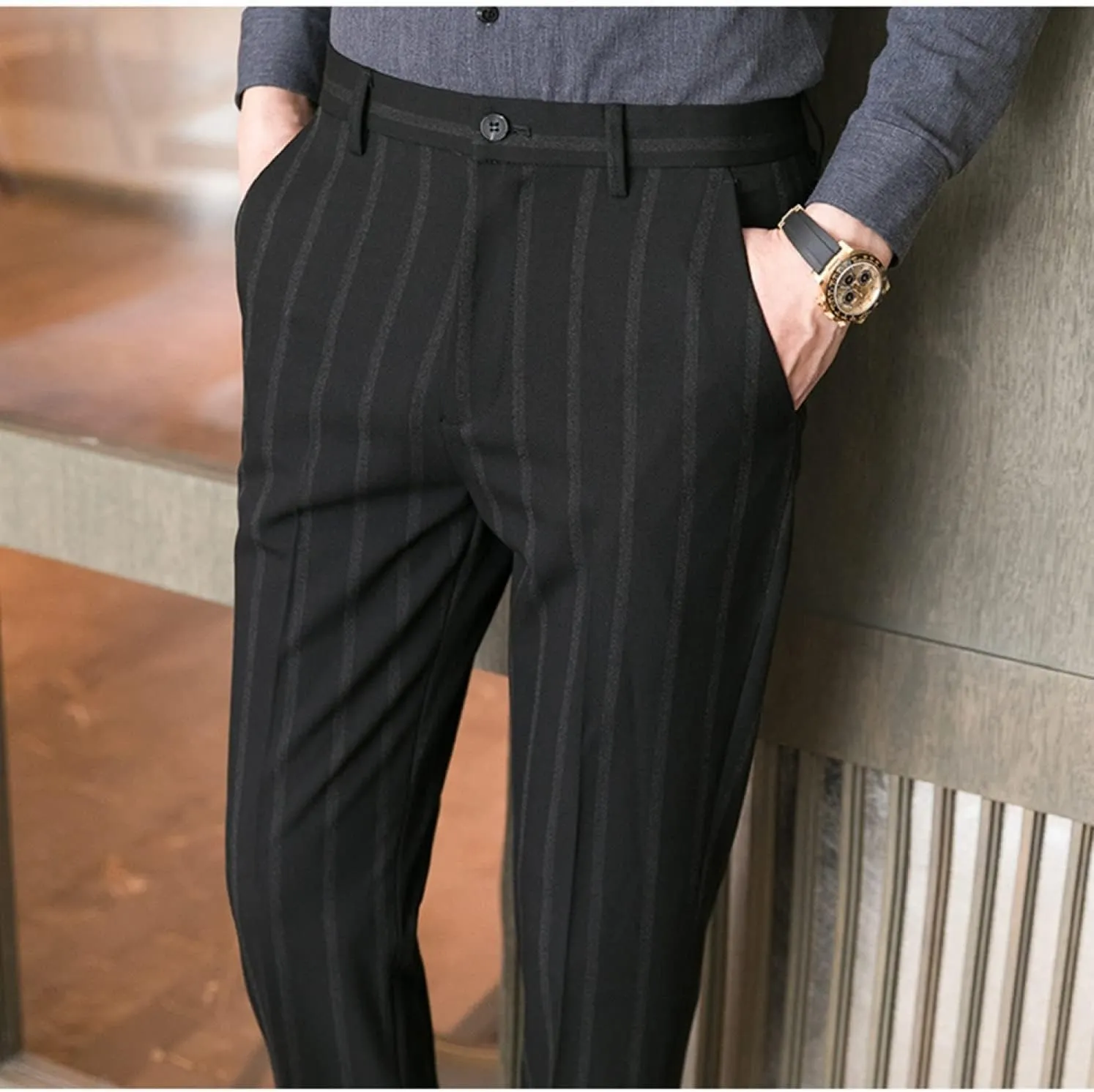 Men's Casual Flat-Front Stretch Slim Fit Dress Pant, Lightweight British Style Plaid Chino Pants