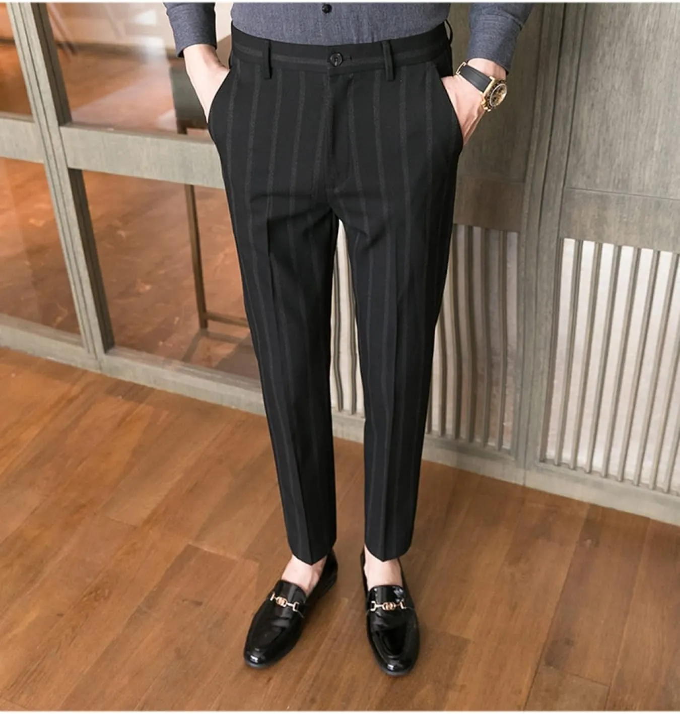 Men's Casual Flat-Front Stretch Slim Fit Dress Pant, Lightweight British Style Plaid Chino Pants