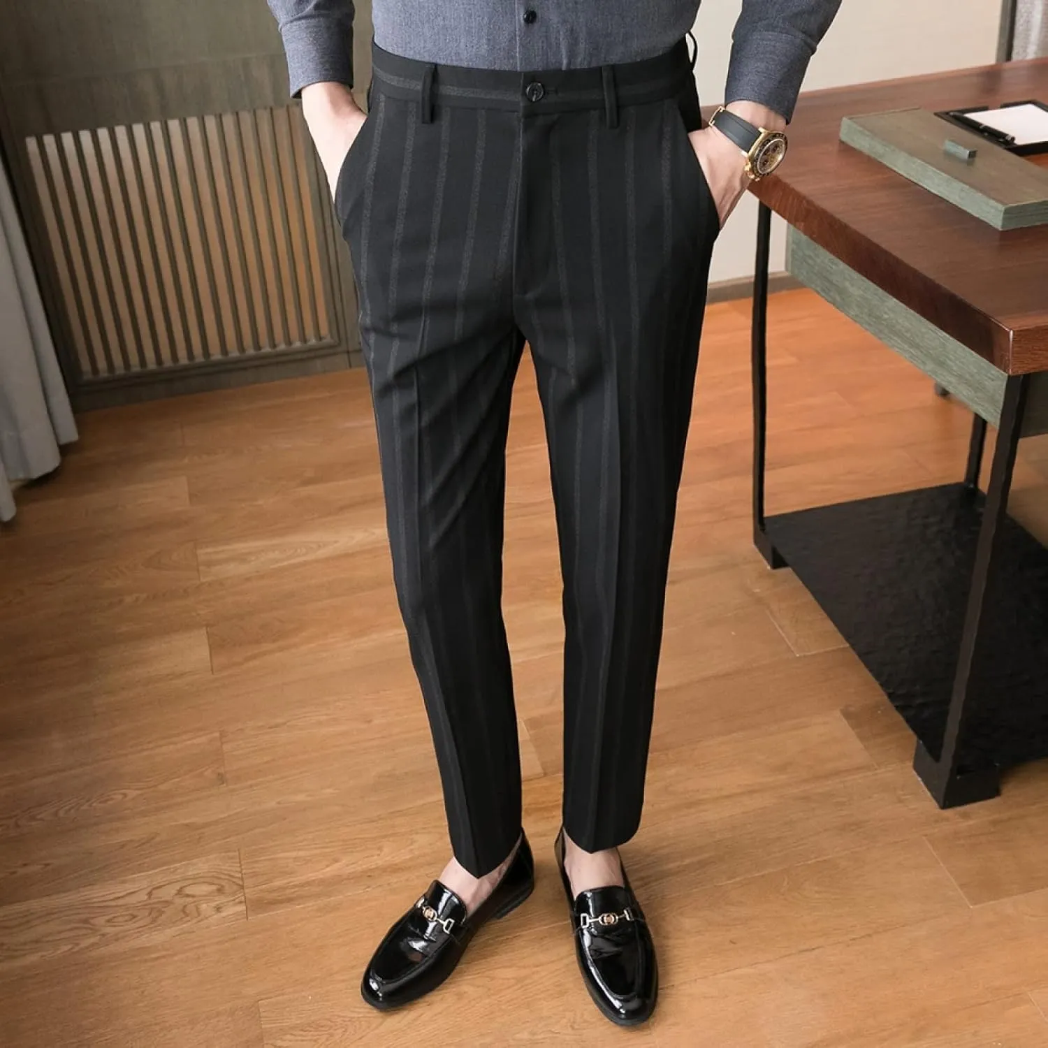 Men's Casual Flat-Front Stretch Slim Fit Dress Pant, Lightweight British Style Plaid Chino Pants
