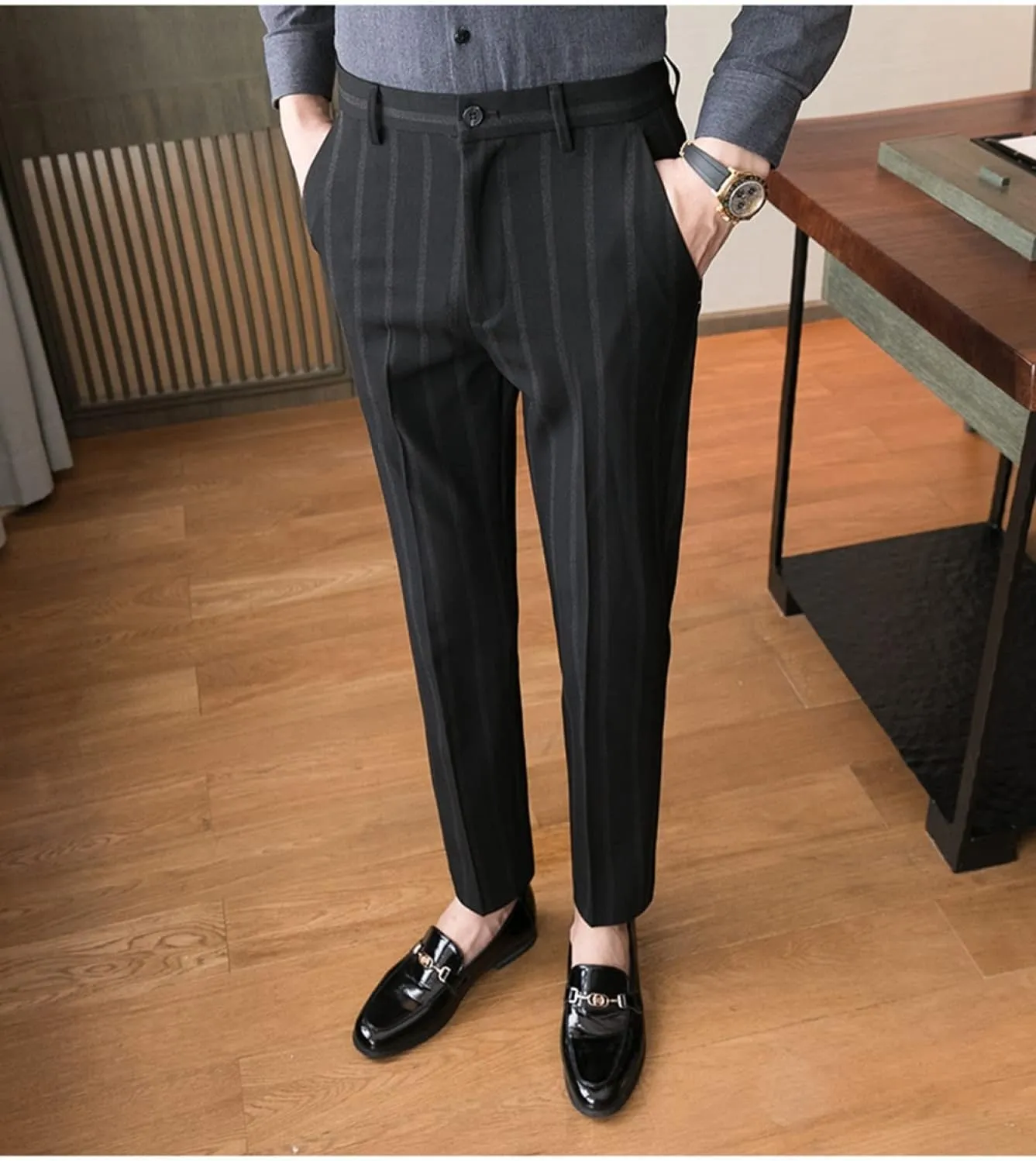 Men's Casual Flat-Front Stretch Slim Fit Dress Pant, Lightweight British Style Plaid Chino Pants