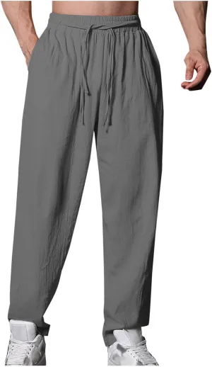 Mens Casual Linen Pants Loose Fit Drawstring Beach Pants with Pockets Lightweight Summer Clothes for Vacation