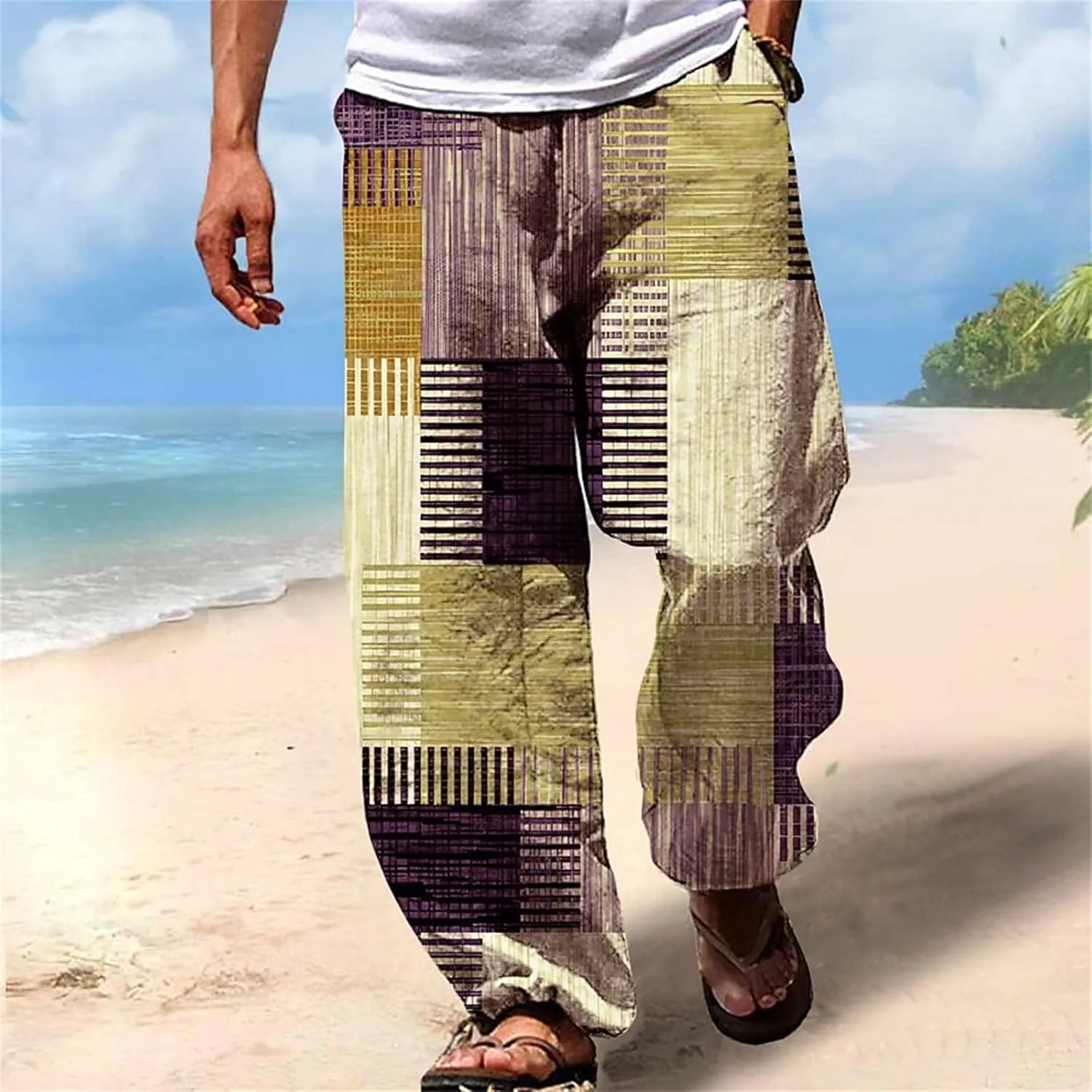 Mens Casual Pants Elastic Waist Wide Leg Stripes Patchwork Lightweight Trendy Pants Beach Yoga Trousers with Pockets