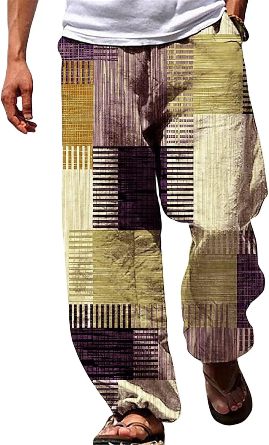 Mens Casual Pants Elastic Waist Wide Leg Stripes Patchwork Lightweight Trendy Pants Beach Yoga Trousers with Pockets