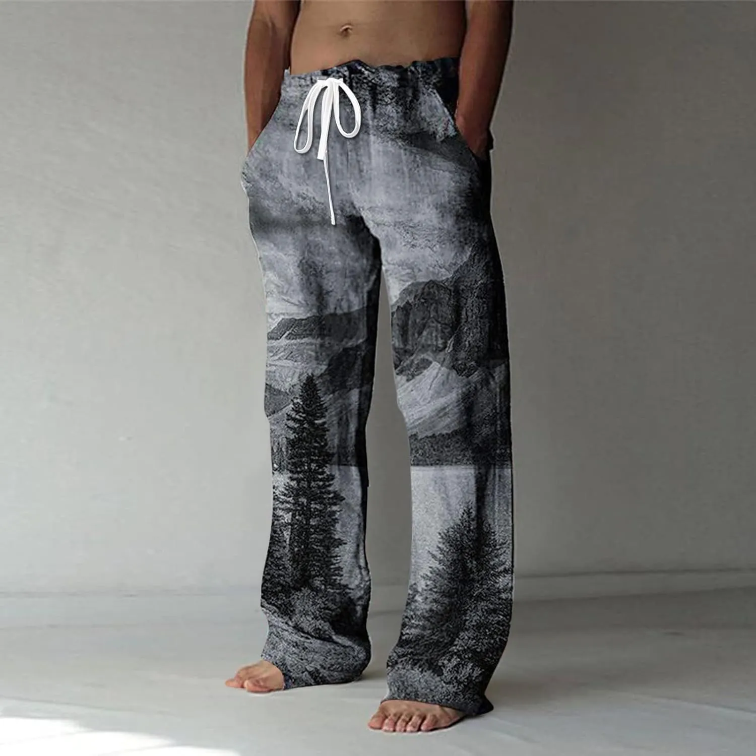 Men's Casual Summer Pants Beach Hawaiian Print Linen Pants Elastic Waist Drawstring Baggy Trousers with Pockets