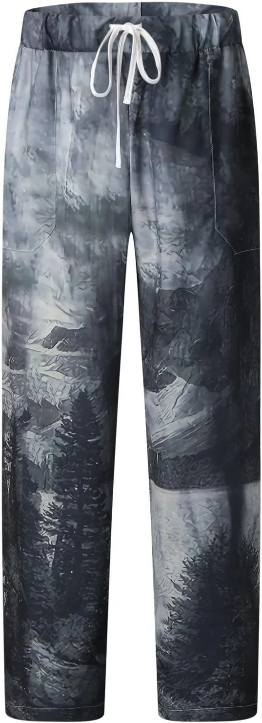 Men's Casual Summer Pants Beach Hawaiian Print Linen Pants Elastic Waist Drawstring Baggy Trousers with Pockets